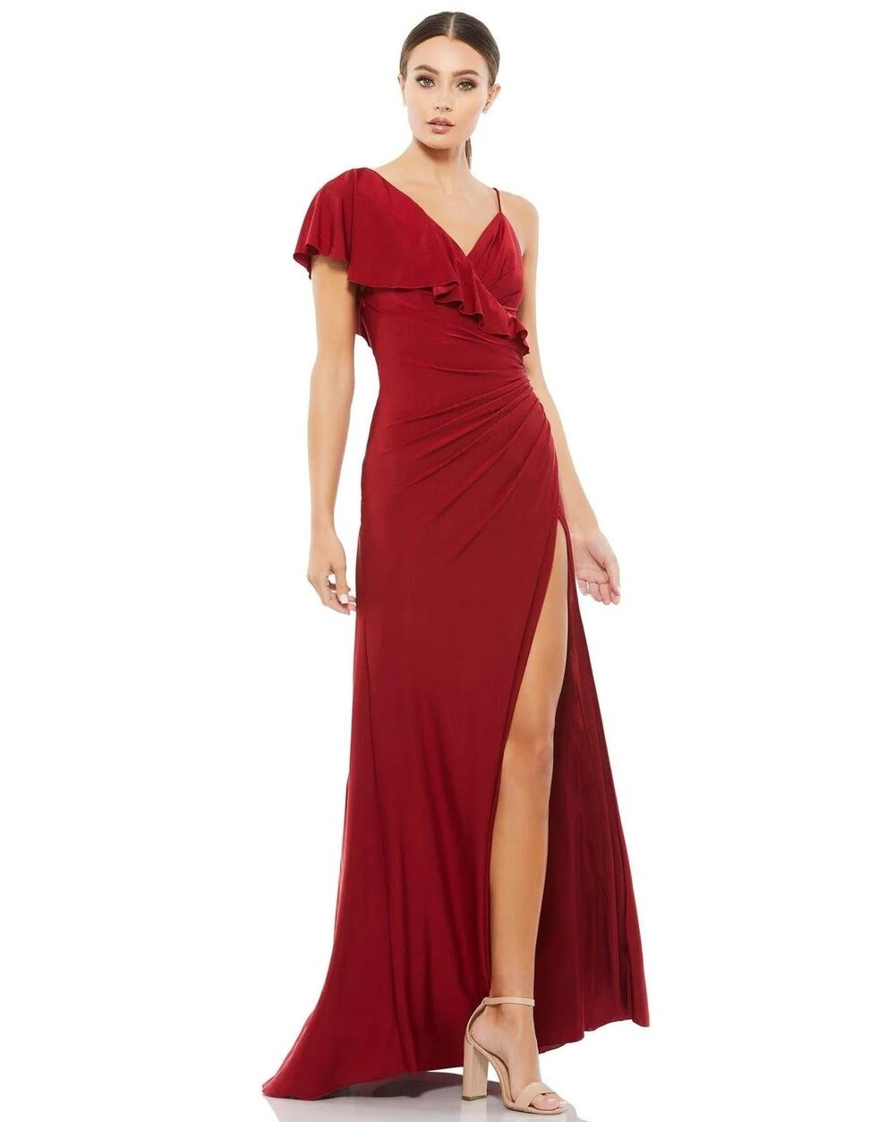 IEENA for Mac Duggal A11257 Dress Asymmetric Ruffled Cap Sleeve Gown Wine NWT 20